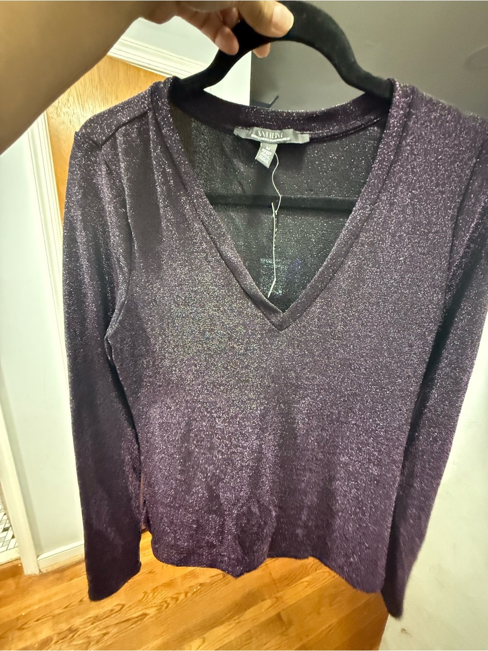White House Black Market Shimmery V-Neck Long Sleeve Top - Purple
